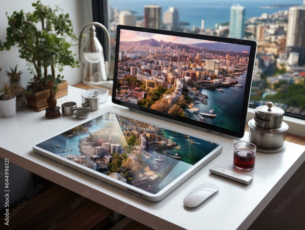 tablet on working desk with city view and sea view tablet on working desk with city view and sea view