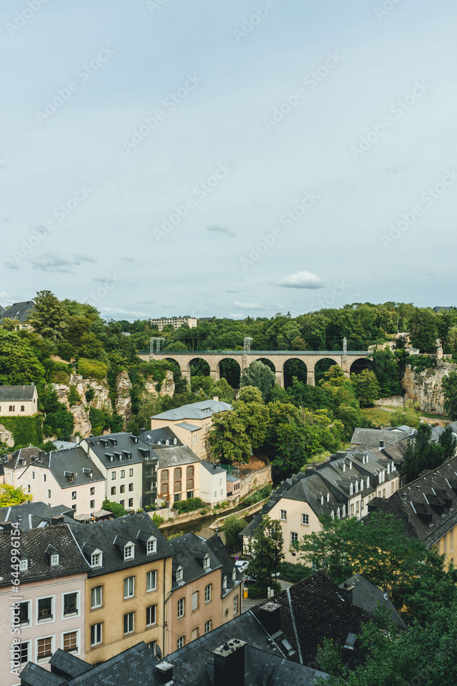 old town in luxembourg top view on summer day with bridge and beautiful houses