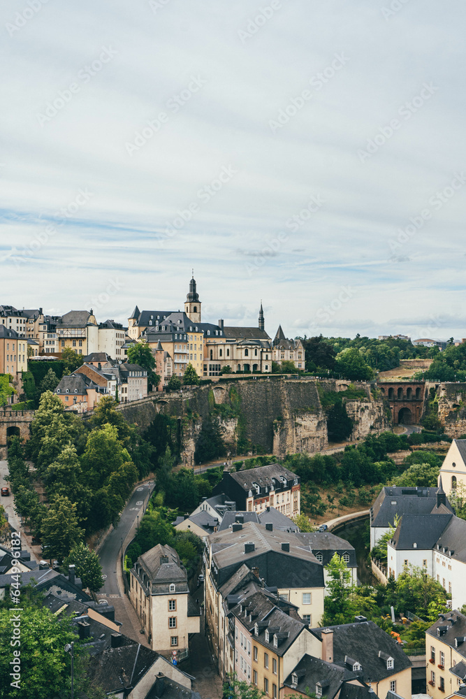 old town in luxembourg top view on summer day with bridge and beautiful houses