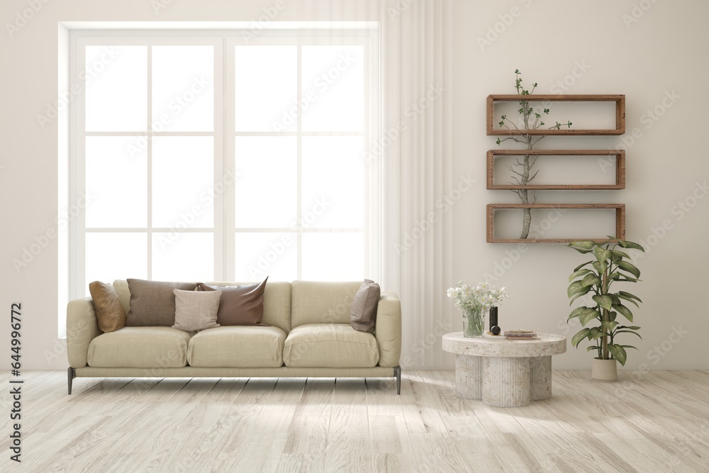Fototapeta premium Bright interior design with modern furniture and summer landscape in window. 3D illustration