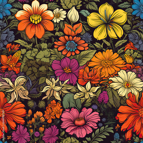 Hippie flowers art repeat pattern 70s 60s