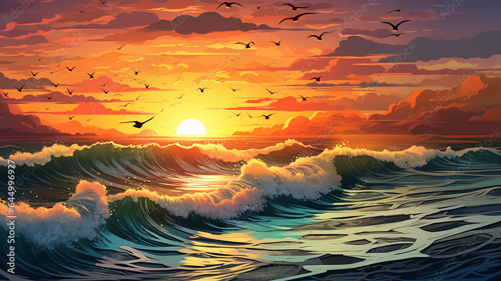 beautiful ocean waves seaside sunrise and birds 