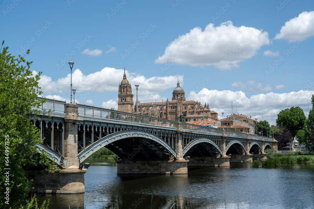 Salamanca, Spain - June 22, 2023: Enrique Estevan Bridge and cathedral in the background