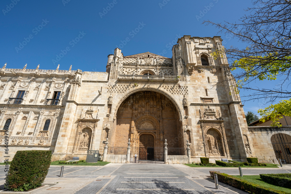 Leon, Spain - July 7, 2023: Doorway of the church of the convent of San Marcos