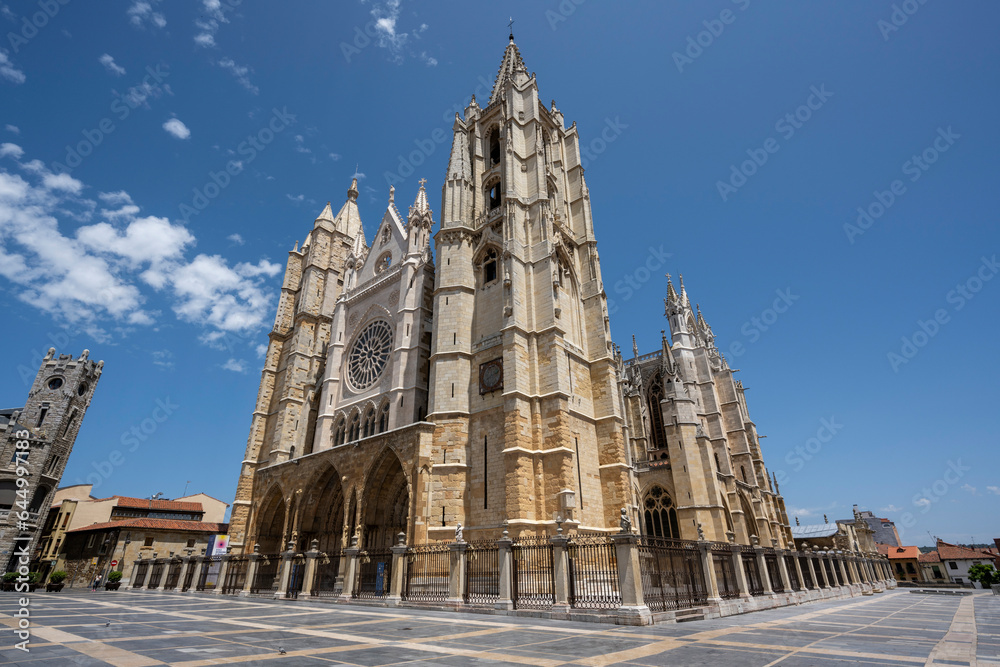 Leon, Spain - July 7, 2023: Cathedral of the city of Leon, Spain