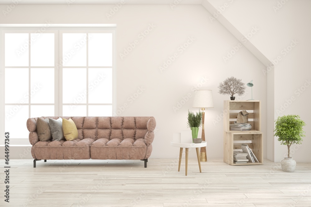 Fototapeta premium White modern interior design with sofa. Scandinavian interior design. 3D illustration