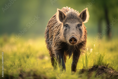 Wild Boar (Sus scrofa) on green grass © Venka