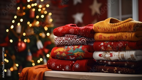 A stack of knitted sweaters of different colors on the background of a decorated apartment in christmas photo