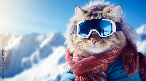 Cute fluffy cat in ski goggles and a scarf on the background of snowy mountains © dwoow
