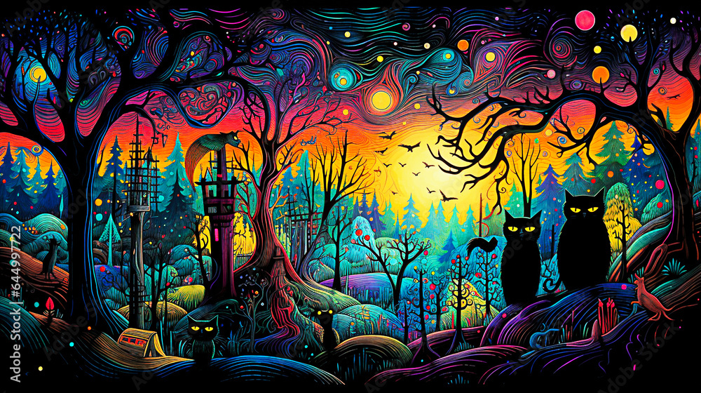 Halloween background with trees and cats. Halloween background illustration. selective focus. 