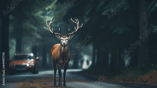 Deer crosses the road in front of a car