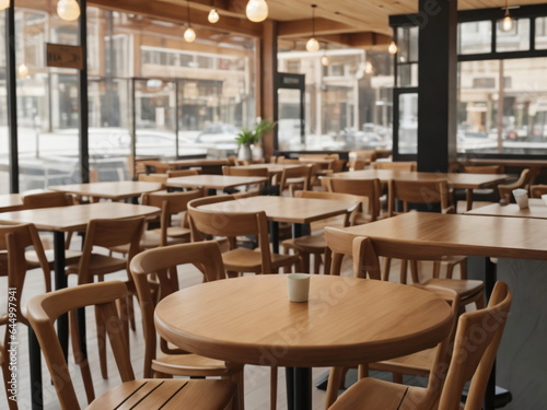 Interior of the restaurant, Empty wooden counter tables and chairs in a cafe or restaurant blurred background. High-quality photo