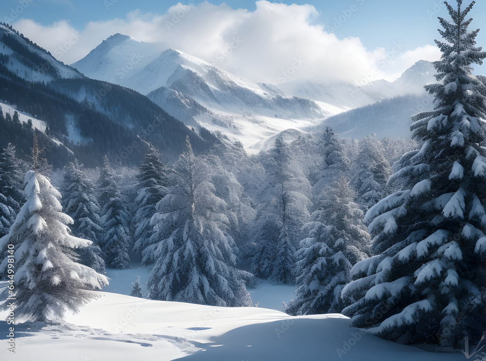 Tranquil winter landscape with frozen pine trees and snowy mountains.