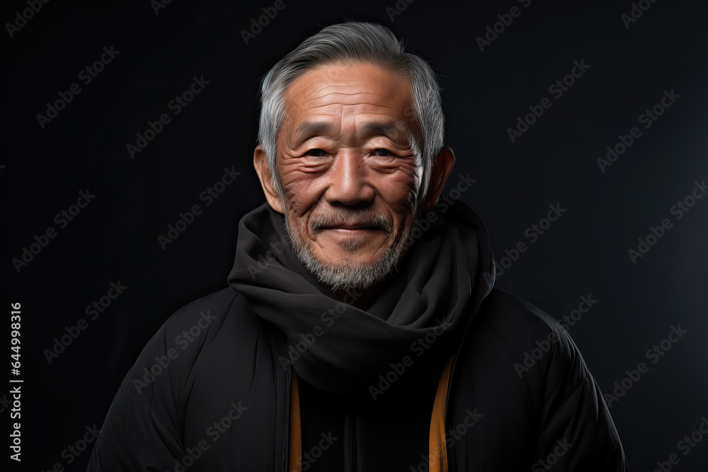 portrait of older handsome asian man with grey beard on black background, ai generated