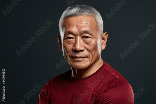 portrait of older handsome asian man in a red sweater, ai generated