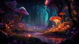 a fantastic fairy tale forest with glowing plants and mushrooms