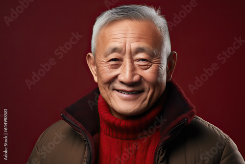 portrait of older handsome asian man in a red sweater, ai generated