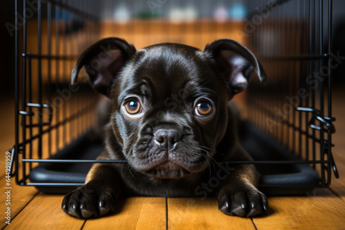 Adorable black puppy enclosed within a cage, evoking poignant emotions with its innocence and vulnerability.