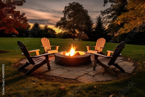 Fototapeta Naklejka Na Ścianę i Meble -  Outdoor fire pit in the backyard, with lawn chairs seating on a late summer or autumn night