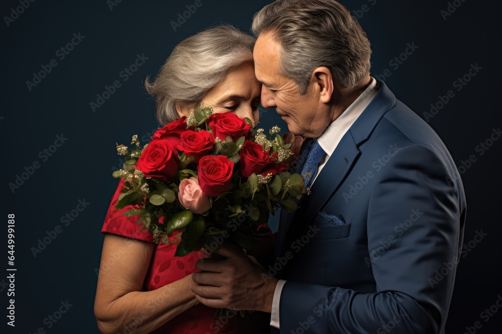 Senior couple with flowers kiss on blue background. Long happy marriage Senior couple with flowers kiss on blue background. Long happy marriage