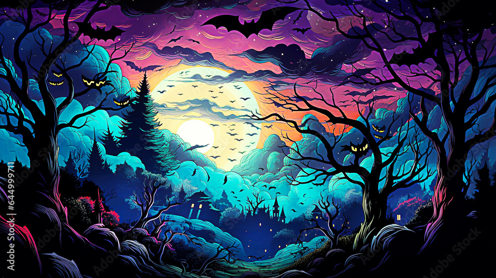 Halloween background with full moon, forest and bats. watercolor illustration. selective focus. Halloween background with full moon, forest and bats. watercolor illustration. selective focus.