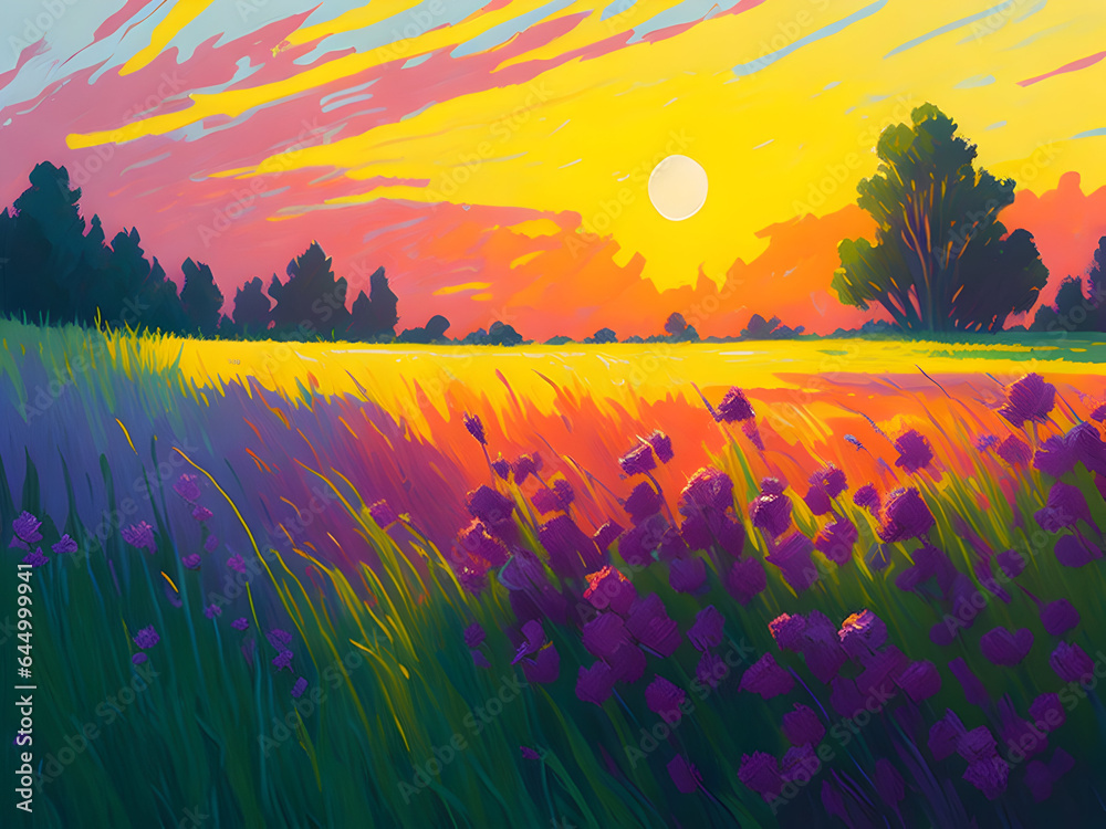 Digital illustration of a colorful spring sunrise on a meadow, generative ai