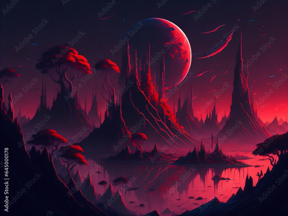 Fantasy world red gradient sunset, floating islands, space view comets, jungles, birds