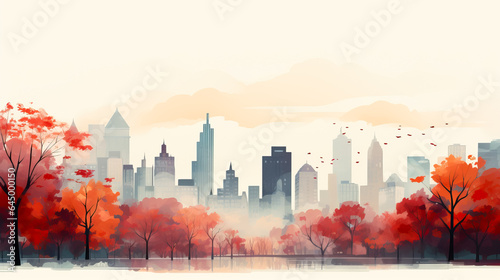 A foggy late autumn morning in the city with towering buildings and colorful trees background with empty space for text 