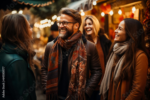 A group of trendy individuals wrapped in cozy scarves and stylish jackets browse through a festive outdoor market 
