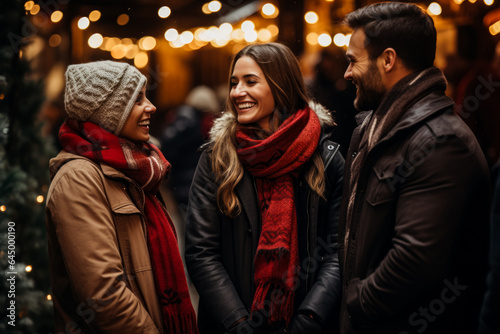 A group of trendy individuals wrapped in cozy scarves and stylish jackets browse through a festive outdoor market 