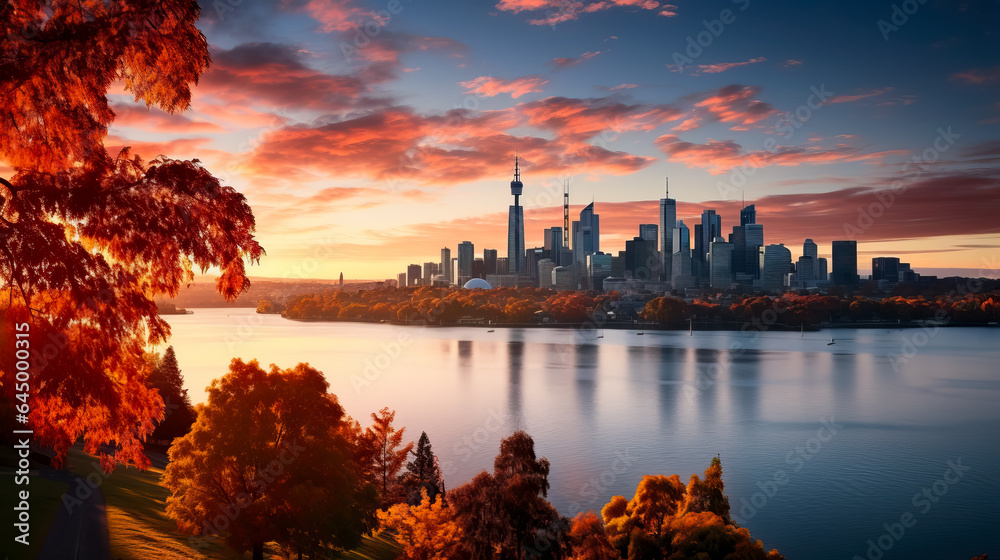 A mesmerizing late autumn cityscape where glistening skyscrapers meet fiery foliage creating a stunning contrast of urban energy and natural beauty 