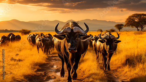 A majestic herd of wildebeest treks across the Serengeti creating a breathtaking spectacle against the golden autumn landscape 
