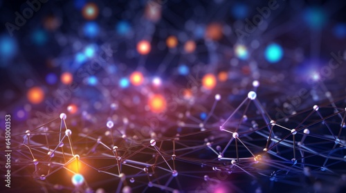 Big data and cybersecurity 3D illustration. Neural network and cloud technologies. Global database and artificial intelligence. Bright, colorful background with bokeh effect