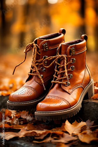 A rustic pair of ankle boots surrounded by fallen leaves capturing the essence of autumn fashion trends  © fotogurmespb