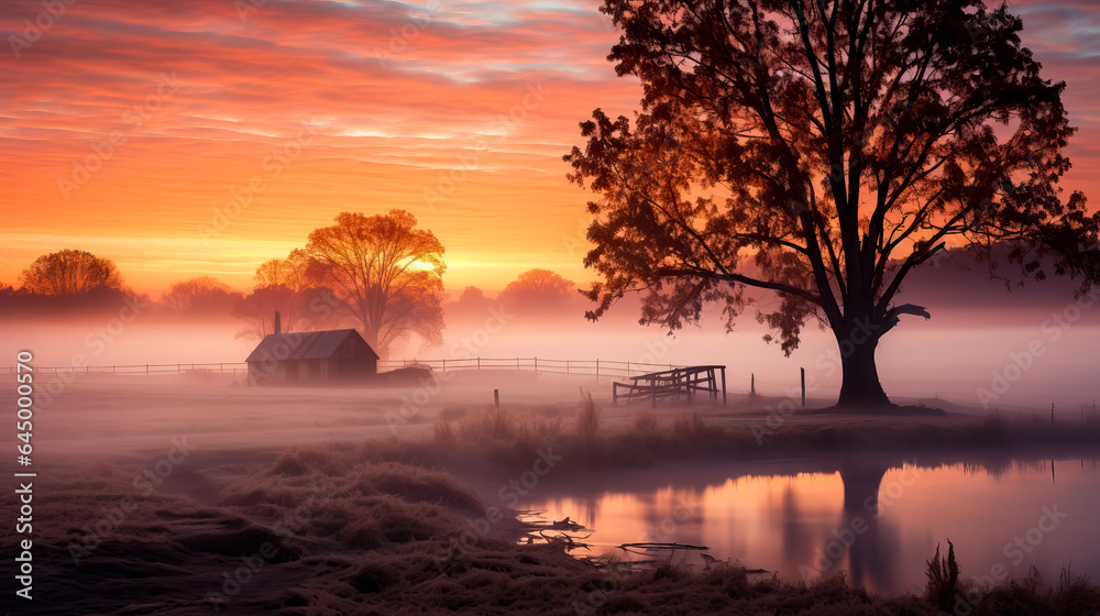 A serene countryside scene greets the dawn as fog envelops a picturesque November landscape whispering secrets of natures tranquility 