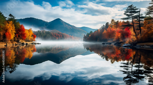 A serene lake emerges from the mist reflecting the vibrant November hues of the surrounding trees and mountains 