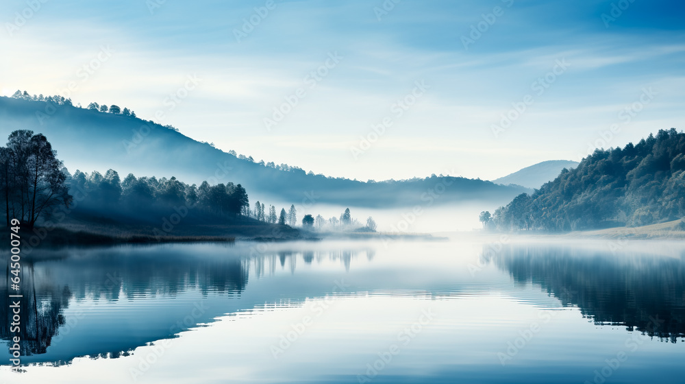 A serene misty morning landscape in November showcasing rolling hills and a calm lake background with empty space for text 