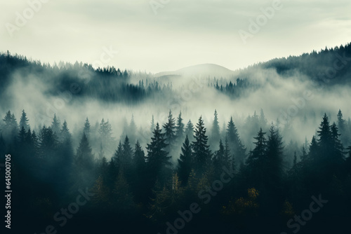 A serene mist-engulfed forest in November background with empty space for text 