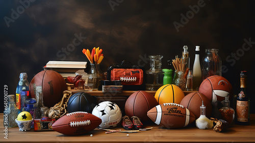 Fathers day holiday gifts of several sports on vintage wood table. Generative Ai photo