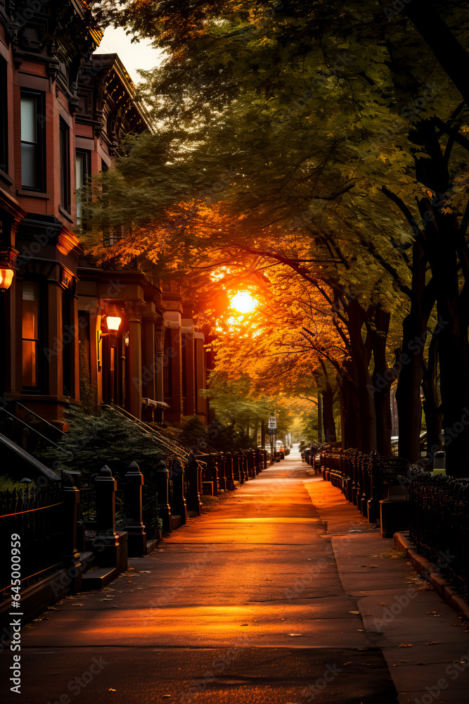 The setting sun casts a warm golden glow over the city highlighting the vibrant fall foliage and tranquil streets 