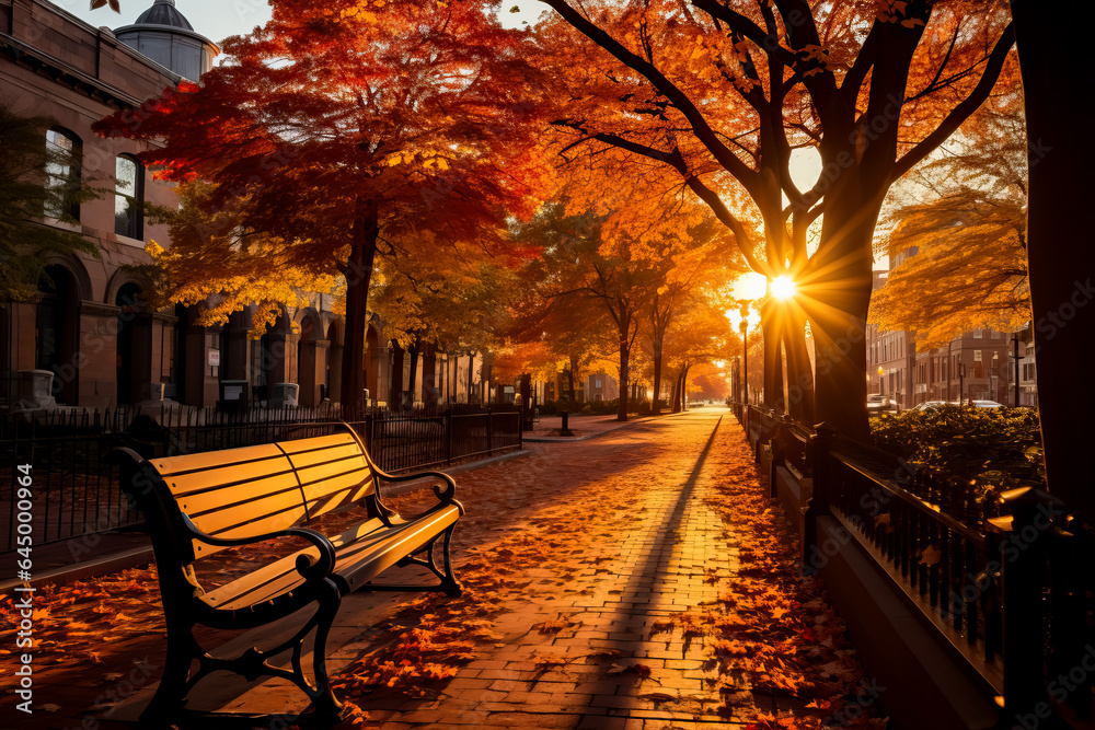 The setting sun casts a warm golden glow over the city highlighting the vibrant fall foliage and tranquil streets 