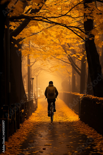 As the golden leaves fall a solitary cyclist navigates the misty streets capturing the melancholic allure of late autumn 