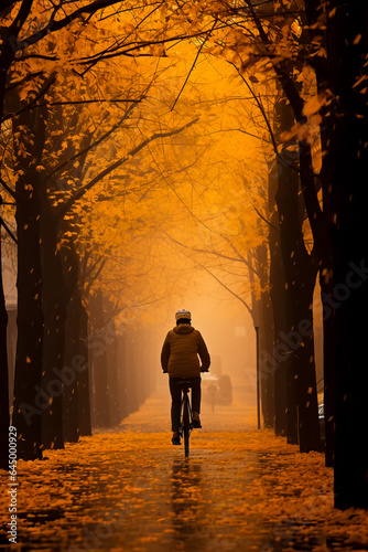 As the golden leaves fall a solitary cyclist navigates the misty streets capturing the melancholic allure of late autumn  © fotogurmespb