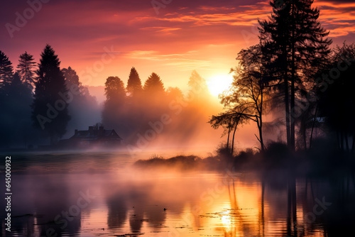 As the sun rises a mystical fog blankets the serene countryside revealing majestic trees and tranquil lakes 