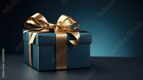 Small Luxury gift box with a blue bow on dark blue table, Side view monochrome, Fathers day. Generative Ai