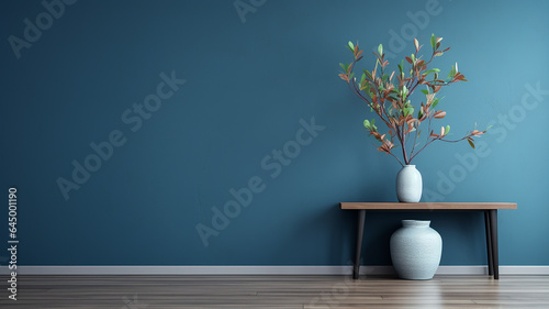 Room with empty grey wall  wooden floor with plant. Bright room interior mockup. Empty room for mockup