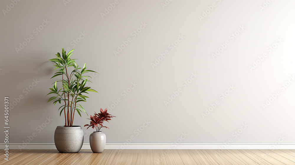 Room with empty grey wall, wooden floor with plant. Bright room interior mockup. Empty room for mockup. Generative AI