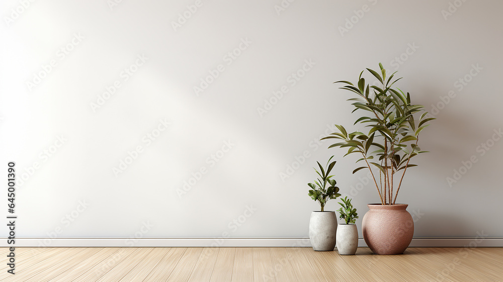 Room with empty grey wall, wooden floor with plant. Bright room interior mockup. Empty room for mockup. Generative AI Room with empty grey wall, wooden floor with plant. Bright room interior mockup. Empty room for mockup. Generative AI