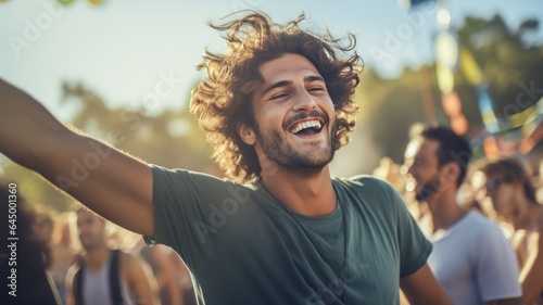 young guy man happy dancing and enjoy music festival concert