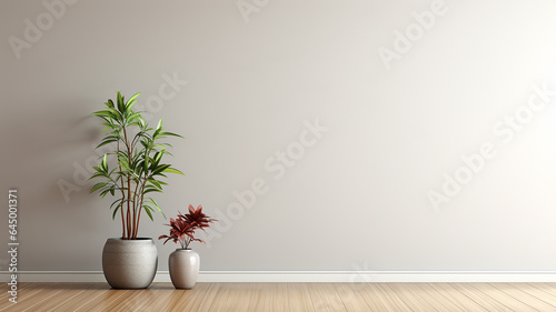 Room with empty grey wall, wooden floor with plant. Bright room interior mockup. Empty room for mockup. Generative AI © Ibnu